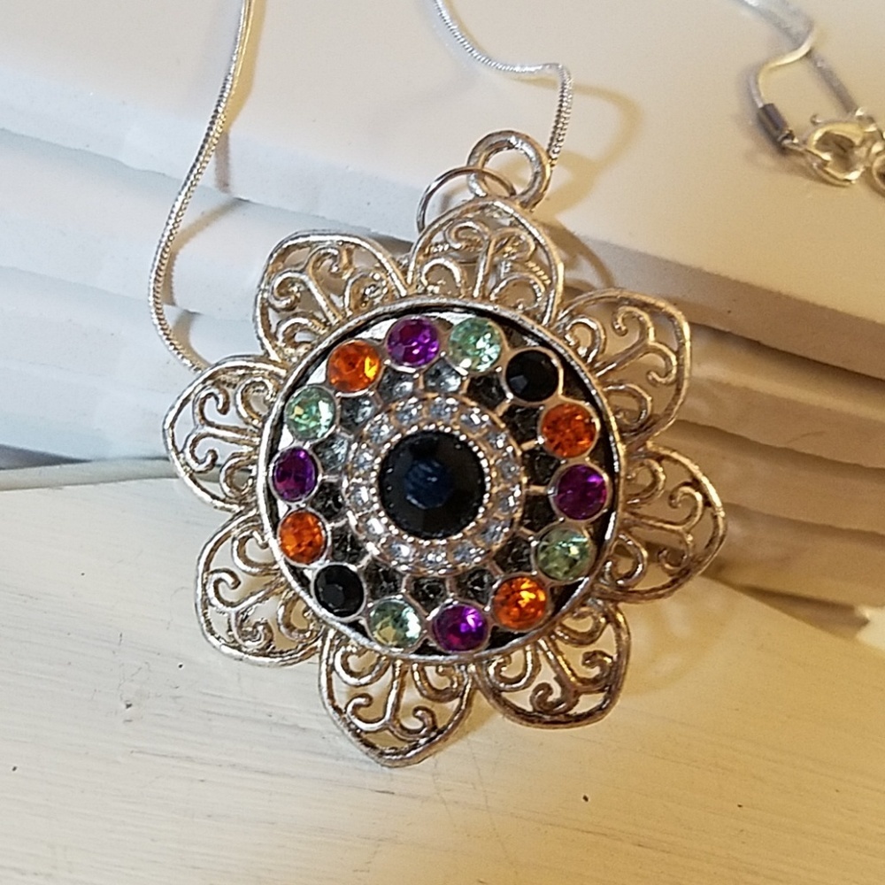 Floral Color Stone Filigree Silver Tone Necklace 24" Flower - Picture 4 of 4
